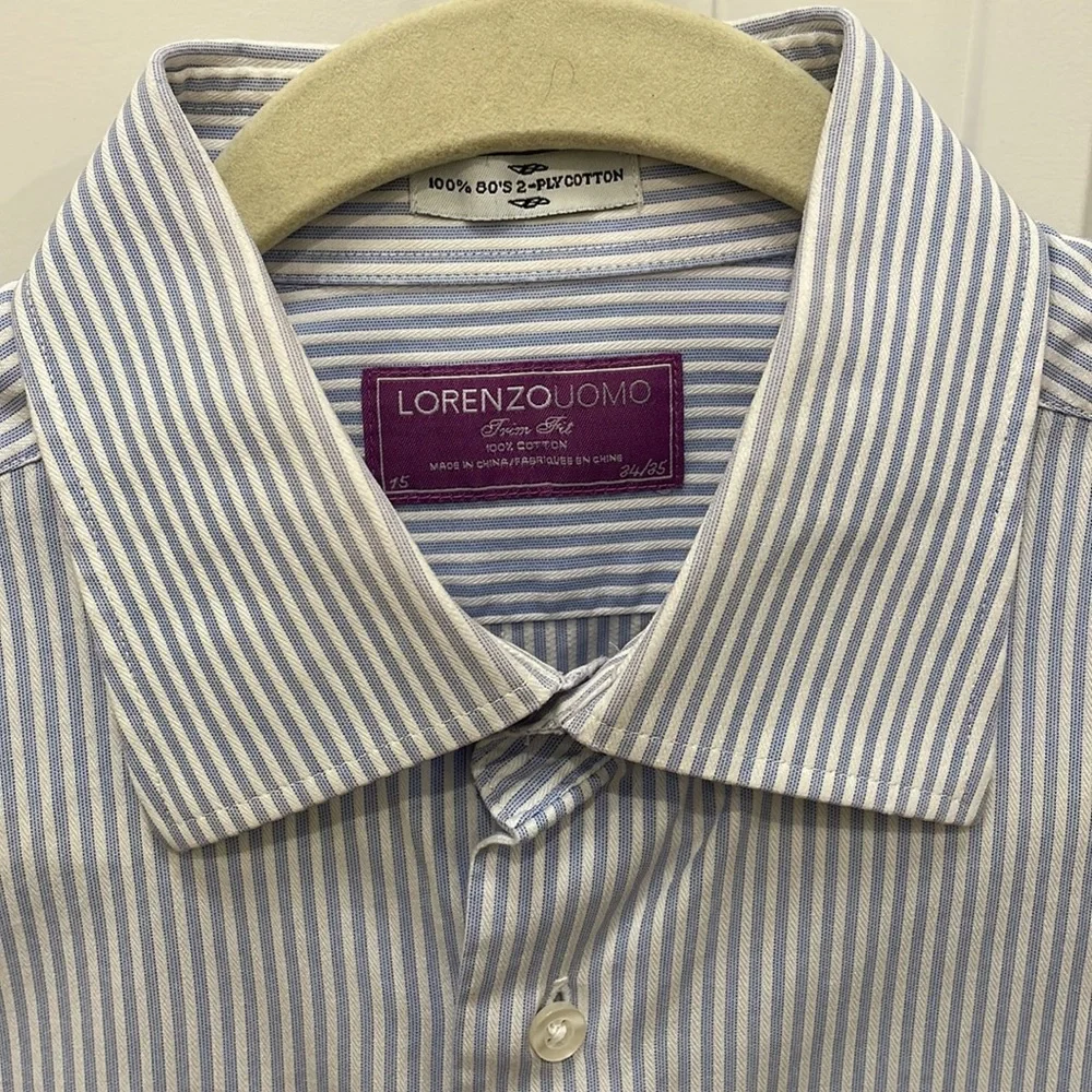 Lorenzo Uomo Blue and White Striped Dress Shirt Size 15 (34/35) - Picture 3 of 8